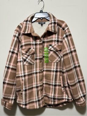 Steve Madden Plaid Sherpa Shacket Jacket Pink Brown Button Up Coat L